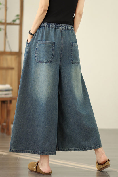 Women's Embroidery Elastic Waist Wide Leg Denim Pants