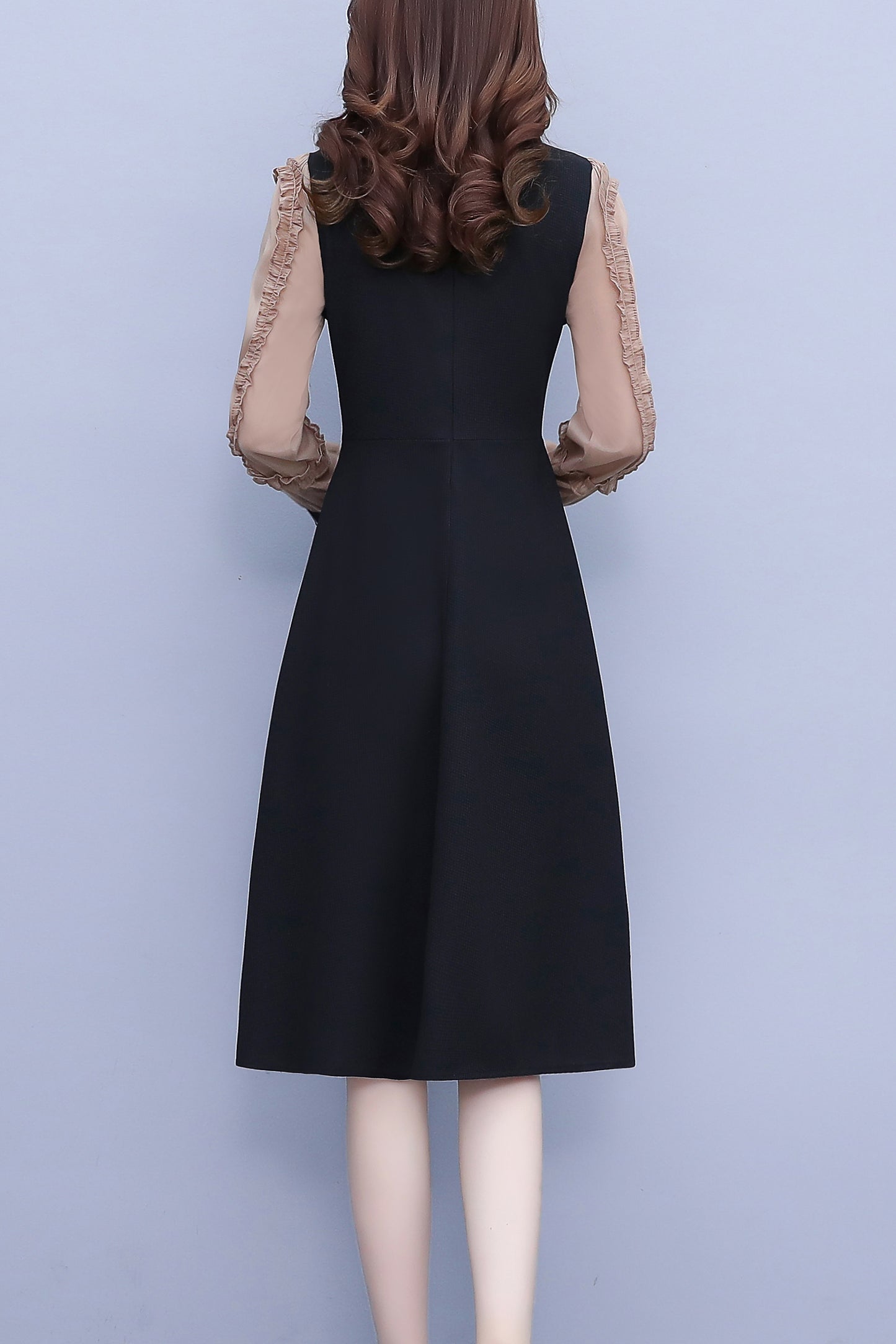 Women's Peter Pan Collar Long Sleeve Black Dress with Pocket