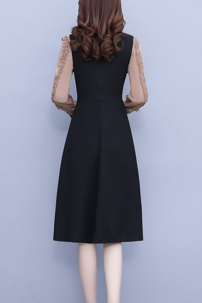 Women's Peter Pan Collar Long Sleeve Black Dress with Pocket