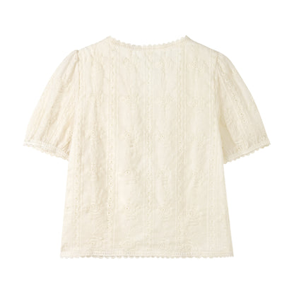 Embroidered Eyelet Blouse | Breathable Cotton with Lace Trim