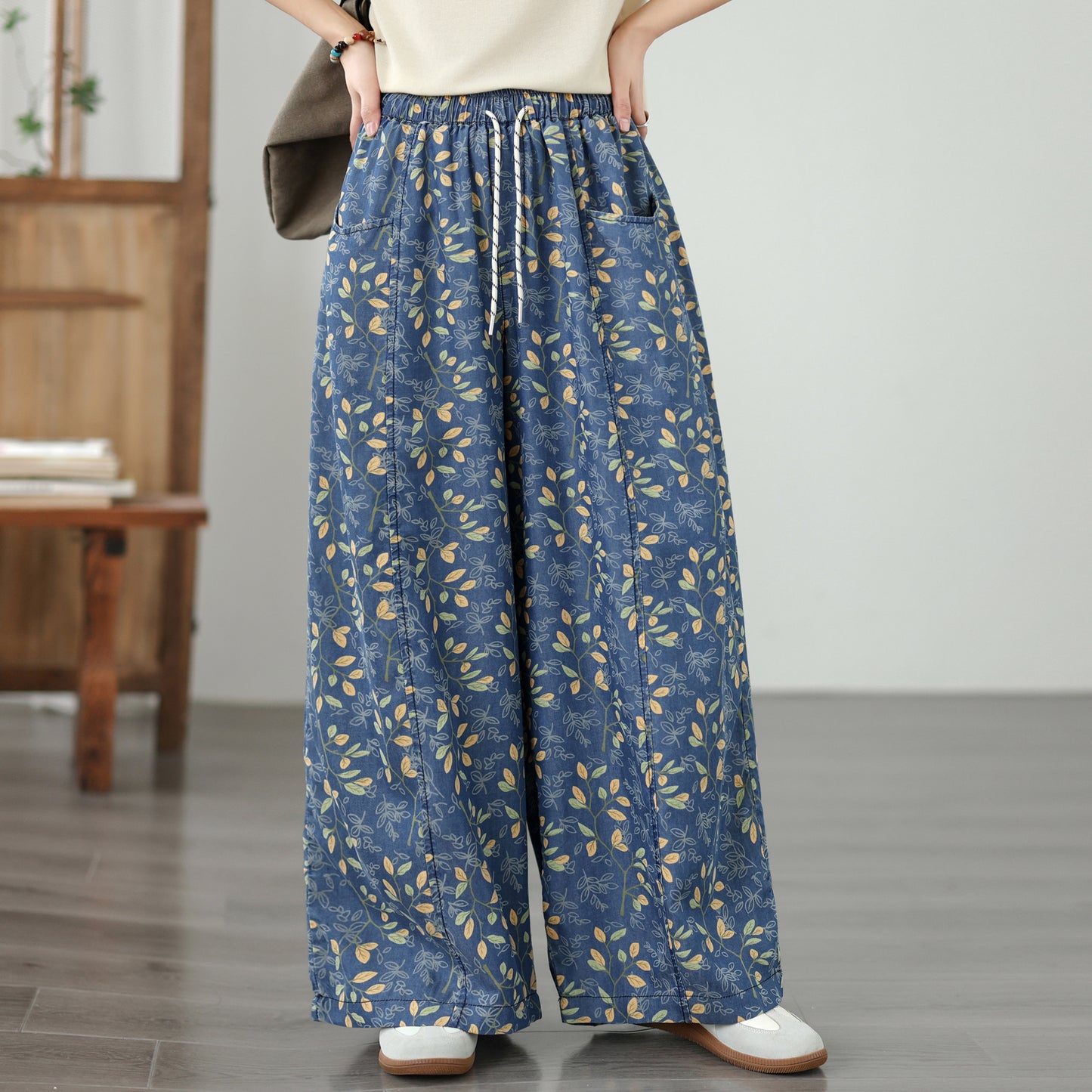 Women's Wide Leg Jeans Lightweight Wasited Elastic Print Y2K Pants - LAI MENG FIVE CATS