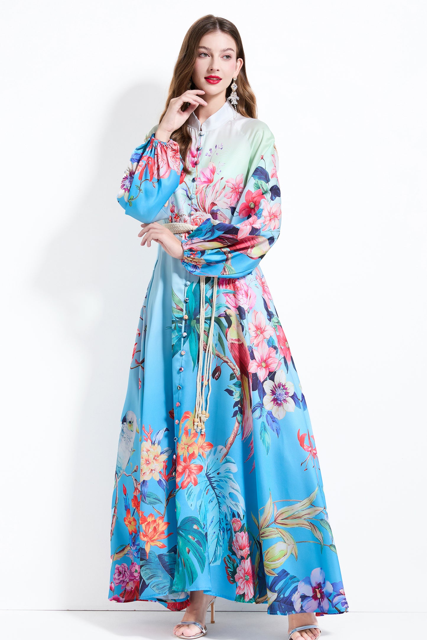 Women's Floral Print Puff Sleeve Split Maxi Dress