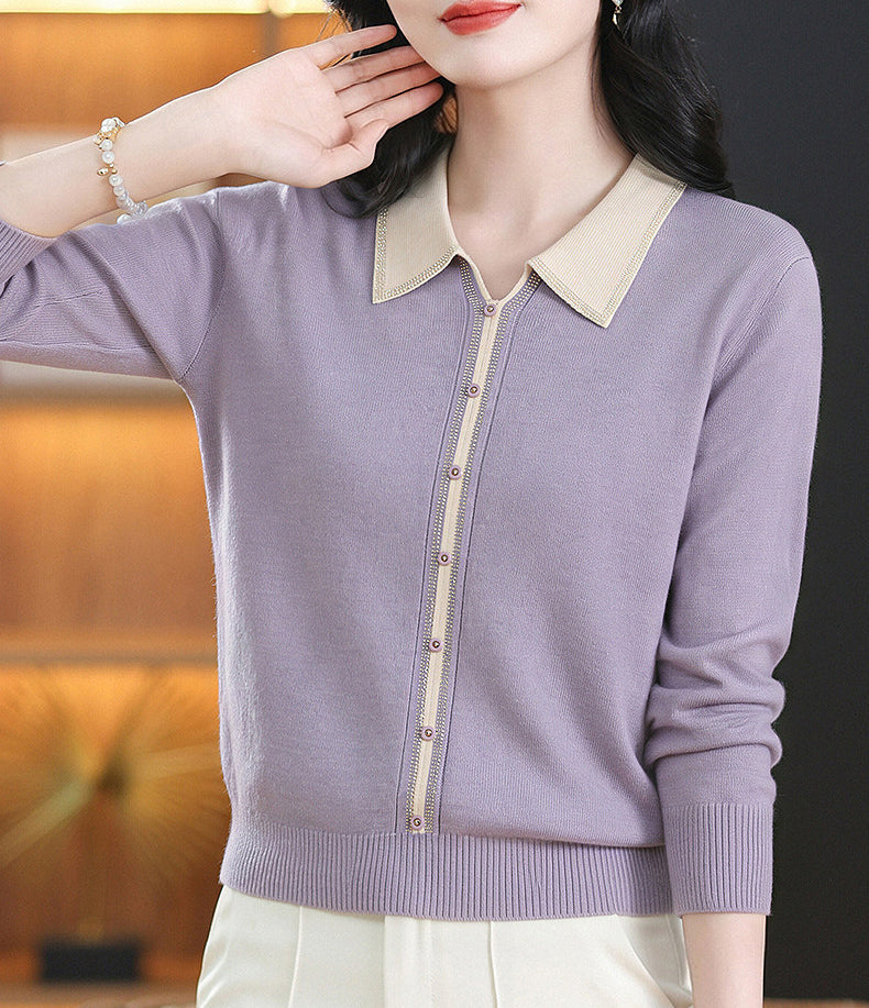 Chic Contrast Collar Knit Sweater Long Sleeve Pullover Top