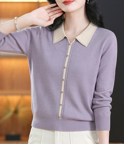 Chic Contrast Collar Knit Sweater Long Sleeve Pullover Top
