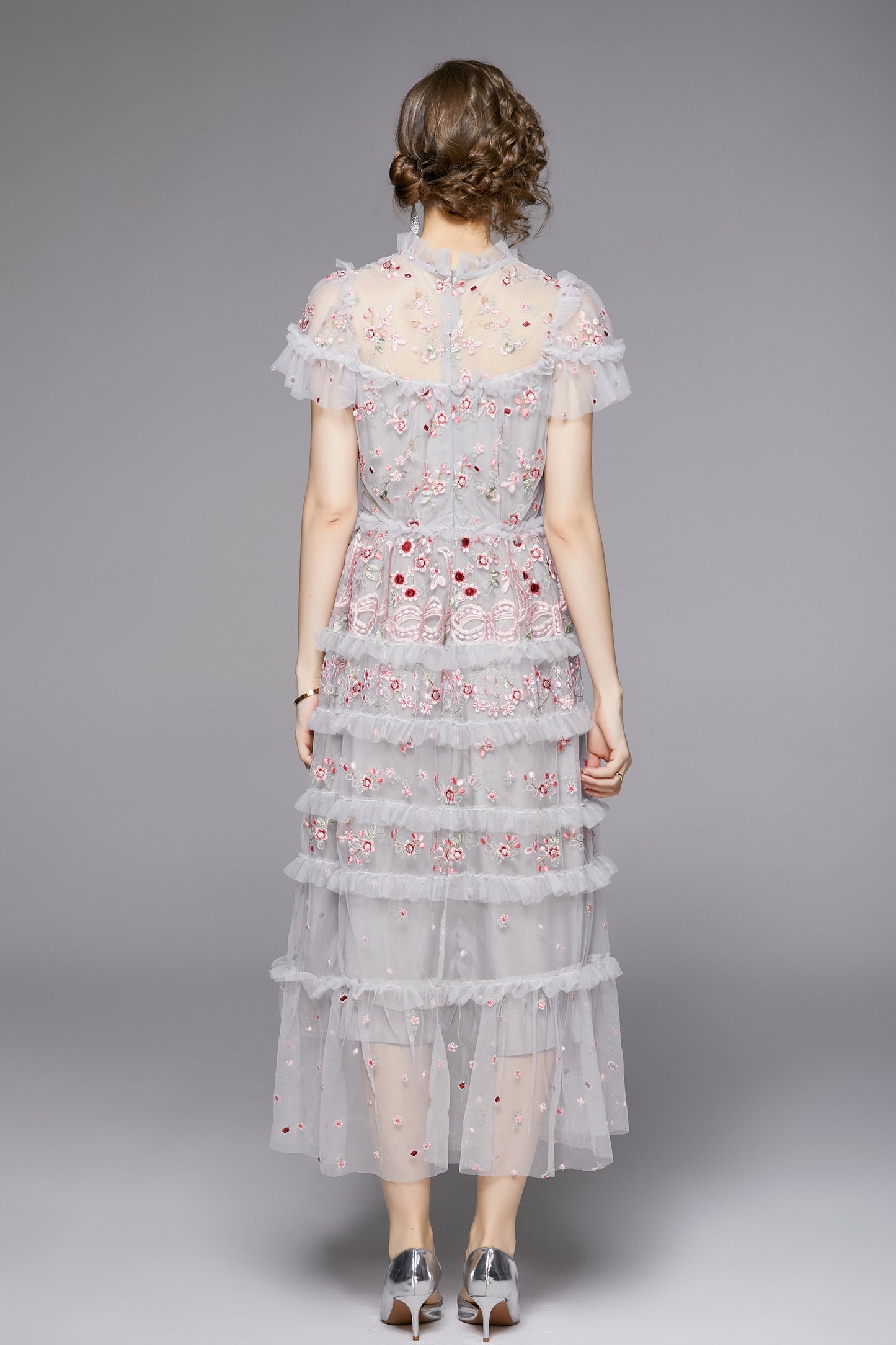Romantic Floral Embroidered Ruffle Midi Dress