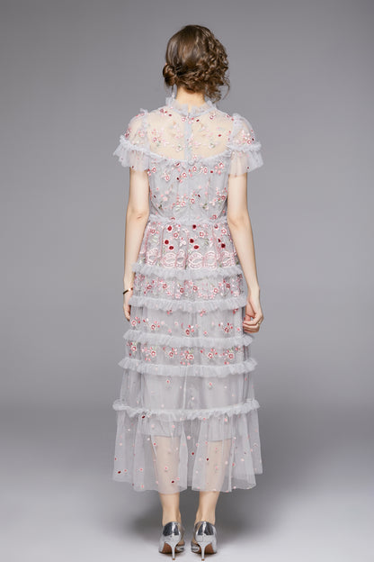 Romantic Floral Embroidered Ruffle Midi Dress