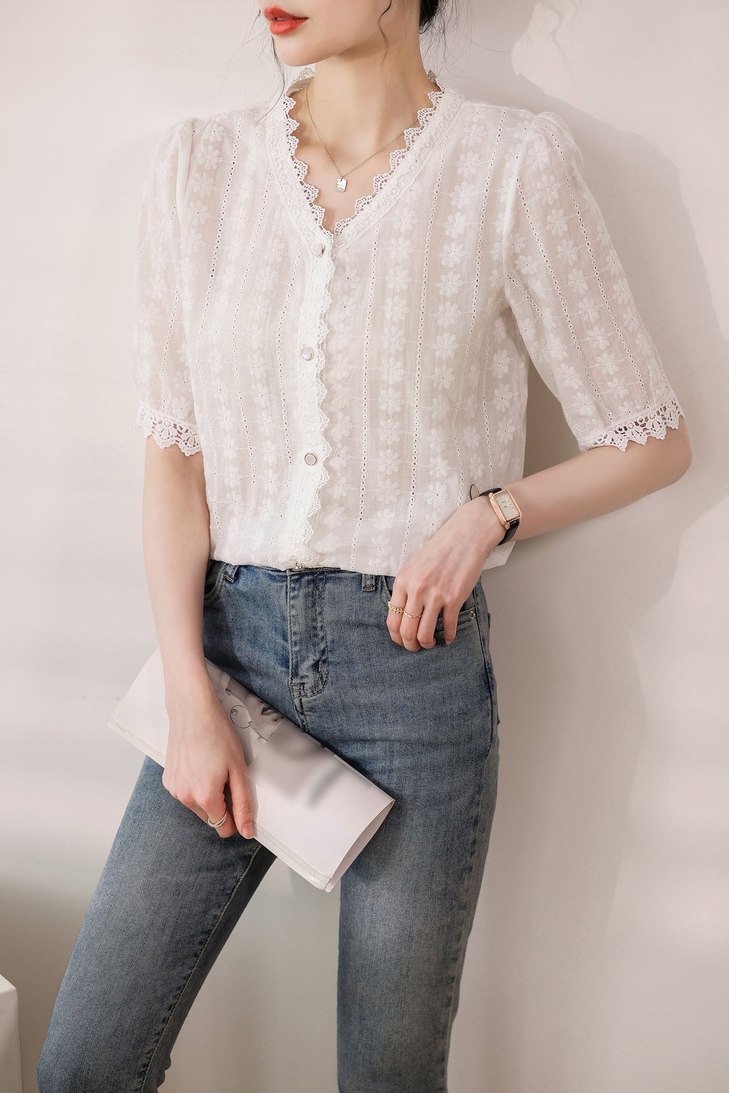 V-neck Lace Panel Embroidered Blouse