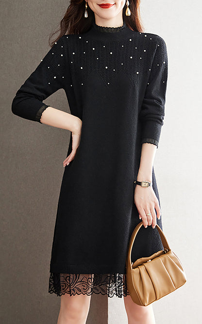 Lace Patchwork Shiny Beads Mini Sweater Dress