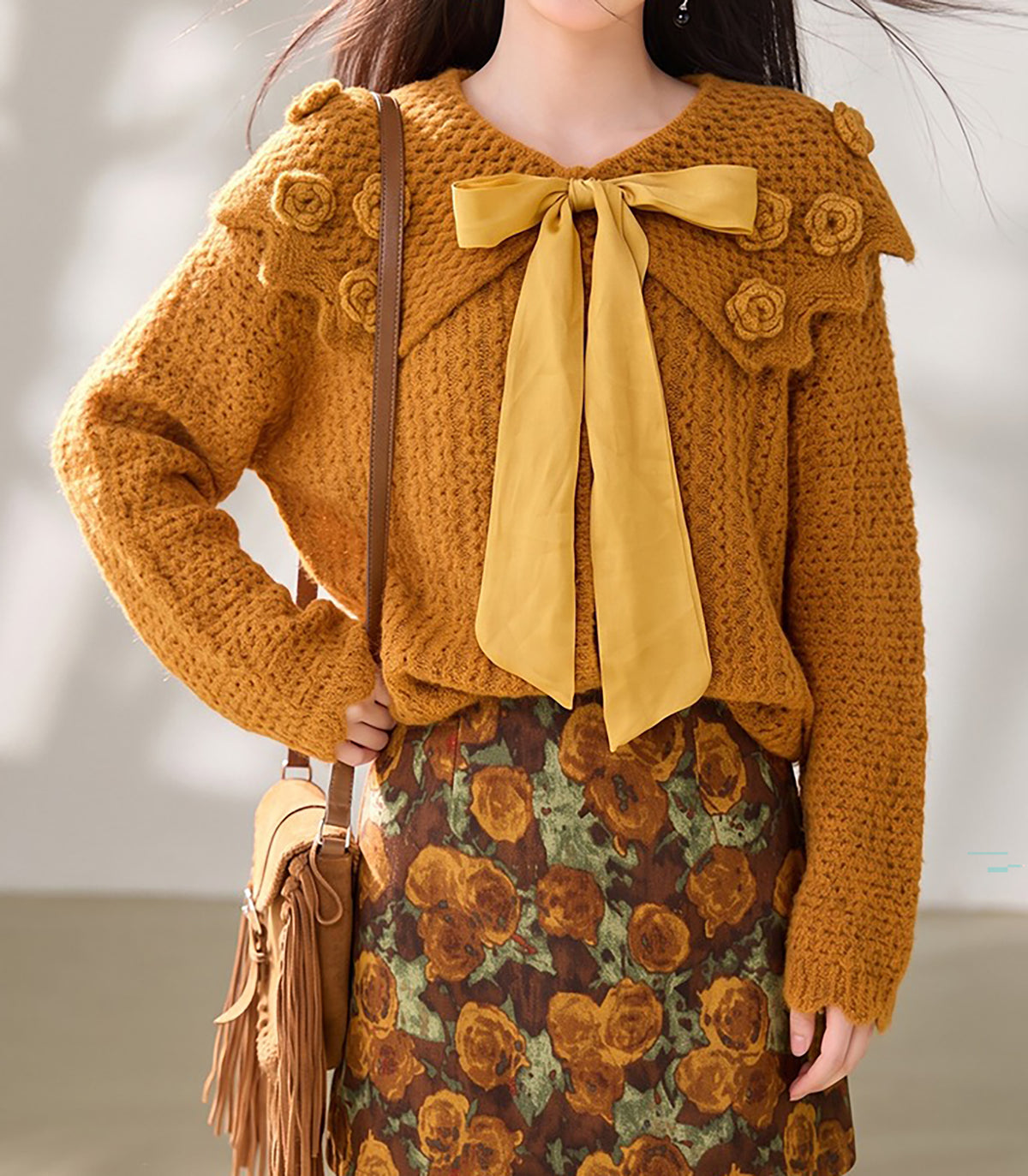 28725 Floral Bow Knit Sweater in Orange & Apricot