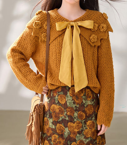 28725 Floral Bow Knit Sweater in Orange & Apricot