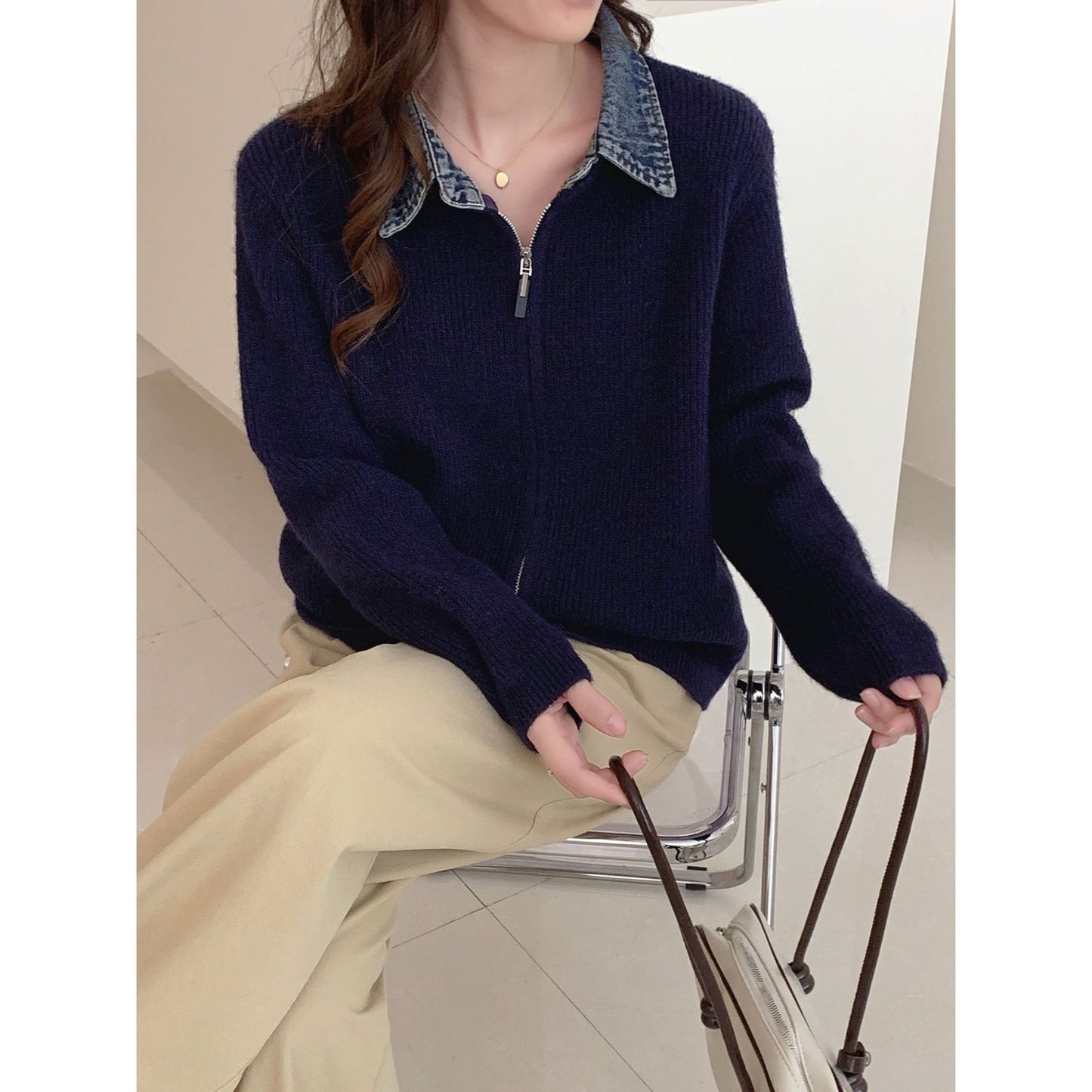 Women's Zip Up Cardigan Sweater Denim Polo Knit Tops