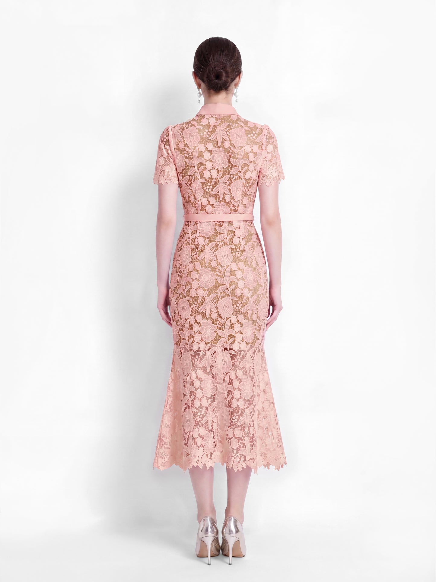 Blush Pink Lace Midi Dress With Pockets