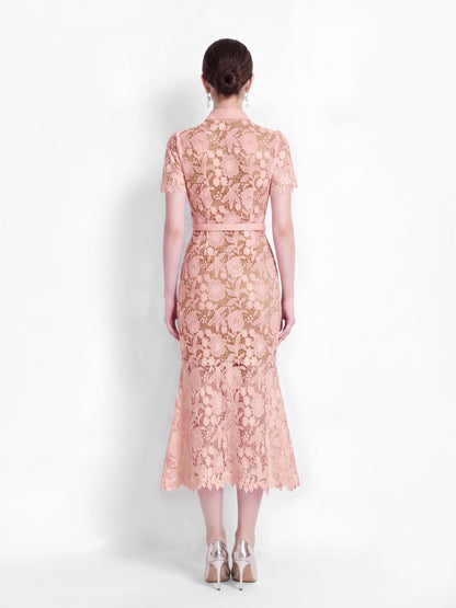 Blush Pink Lace Midi Dress With Pockets