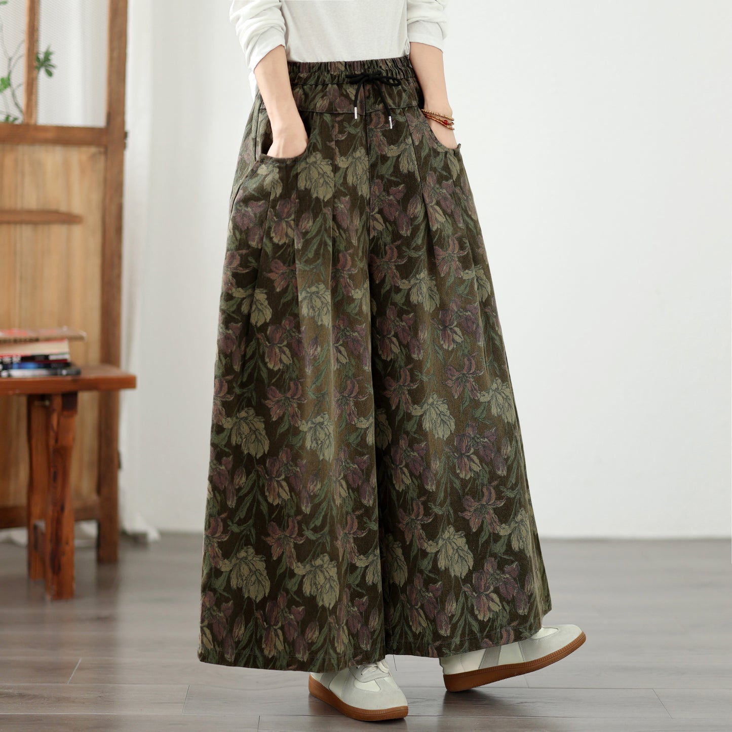 Boho Style Loose Fit Drawstring Floral Wide-Leg Denim Pants