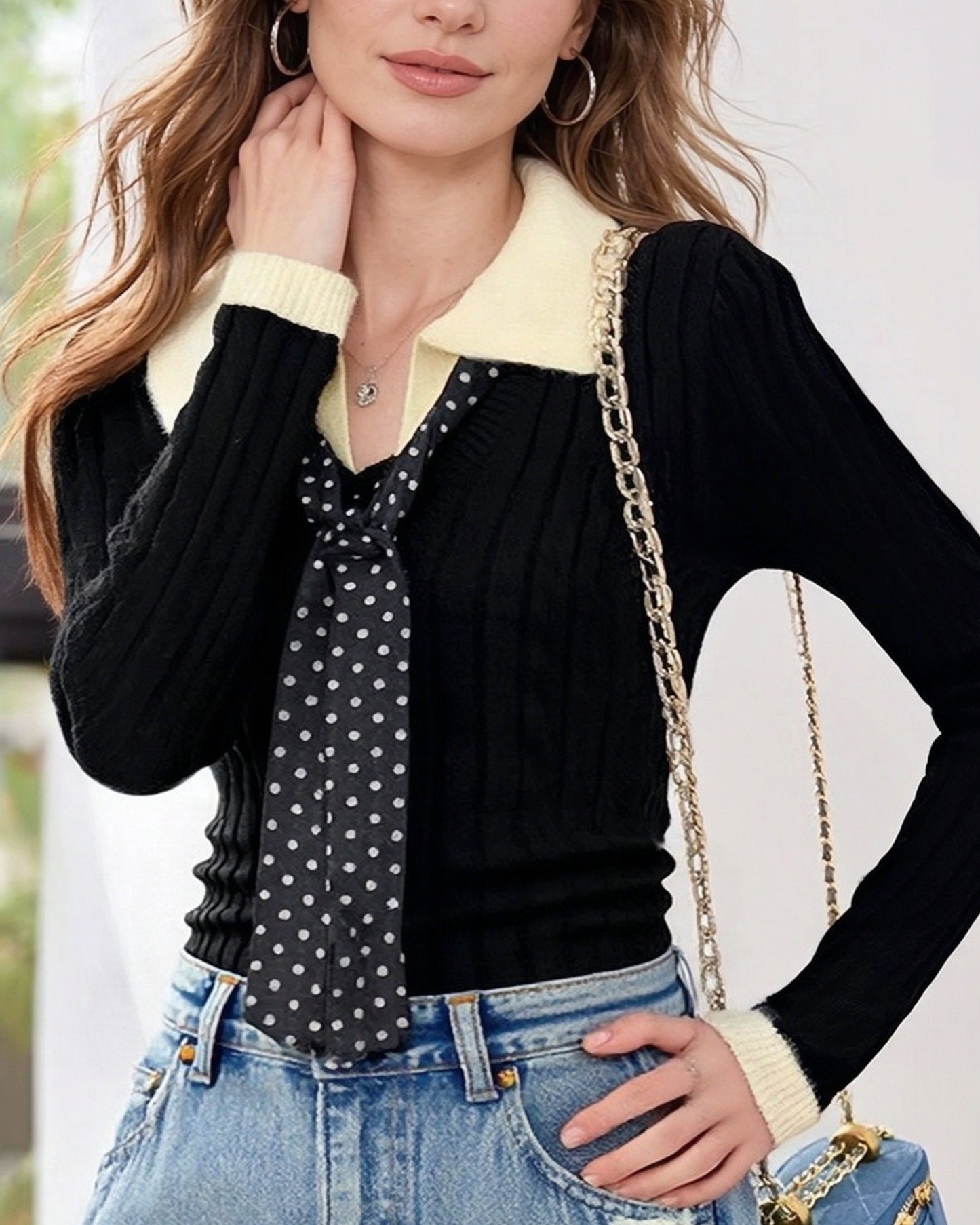 Preppy Color-Block Cable Knit Top with Contrast Collar & Tie Neck