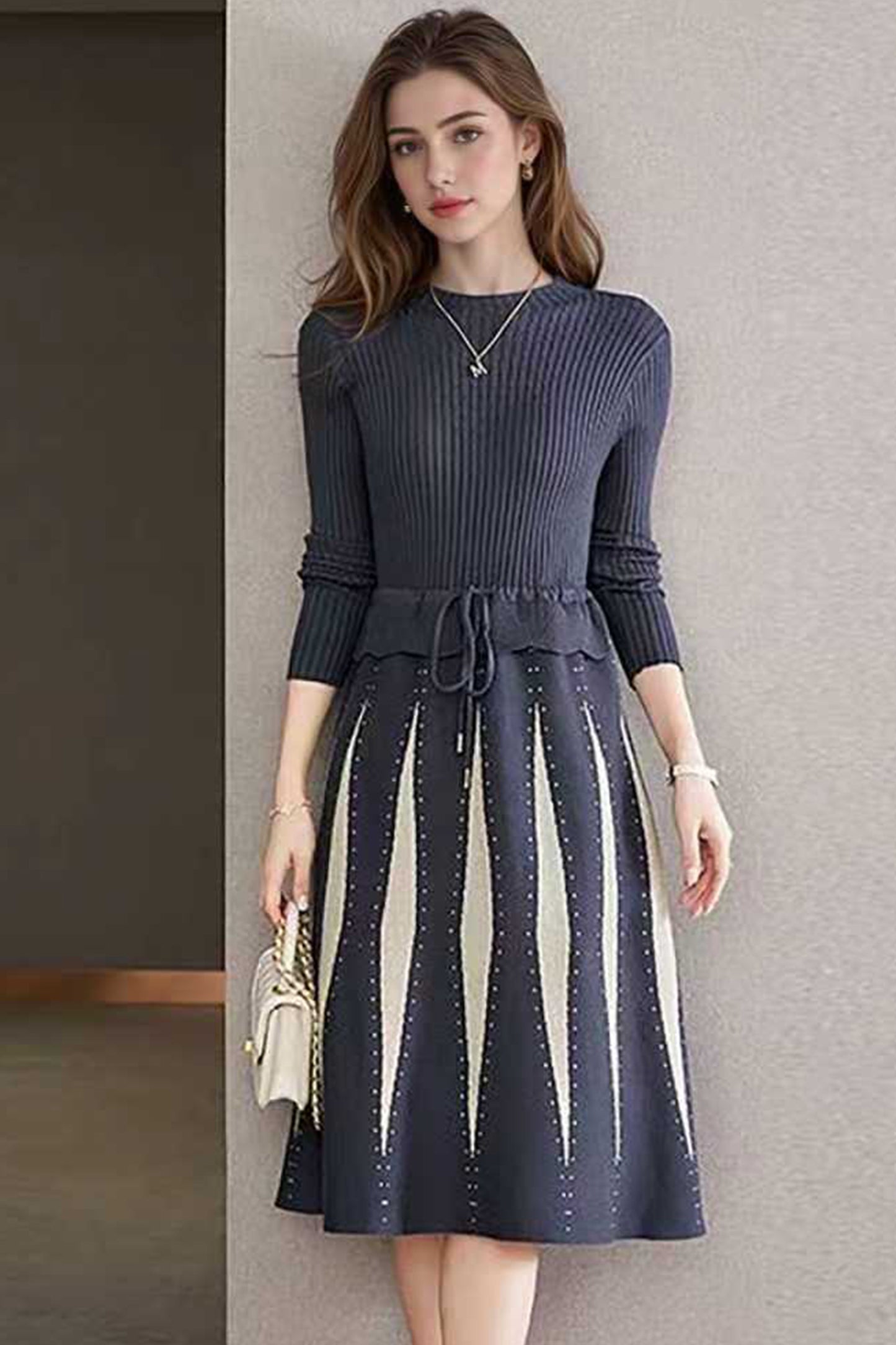 Women Stripe Crew Neck Drawstring Knit Dress