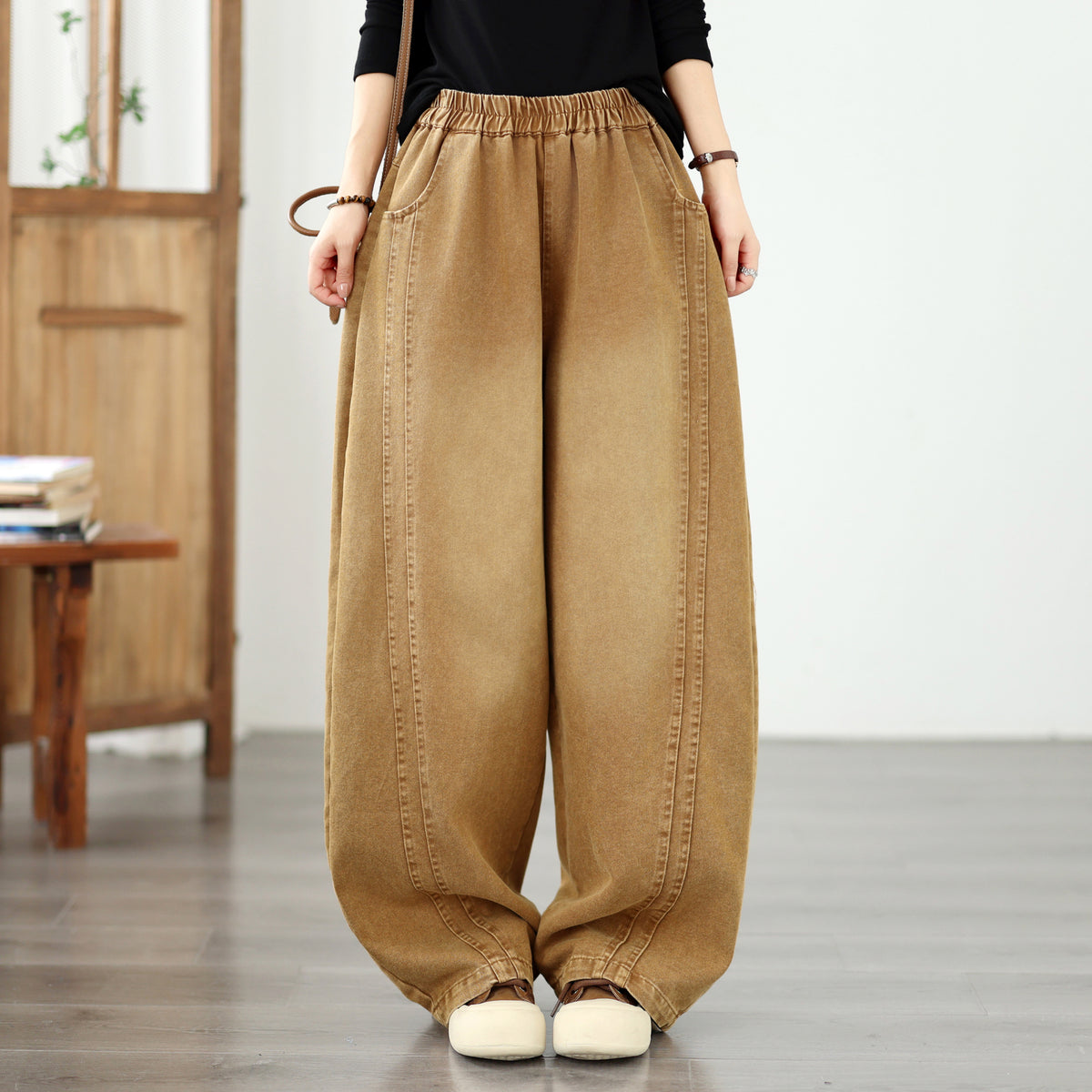 Vintage Khaki Denim Barrel Pants | Wide-Leg Lantern Fit & Elastic Waist
