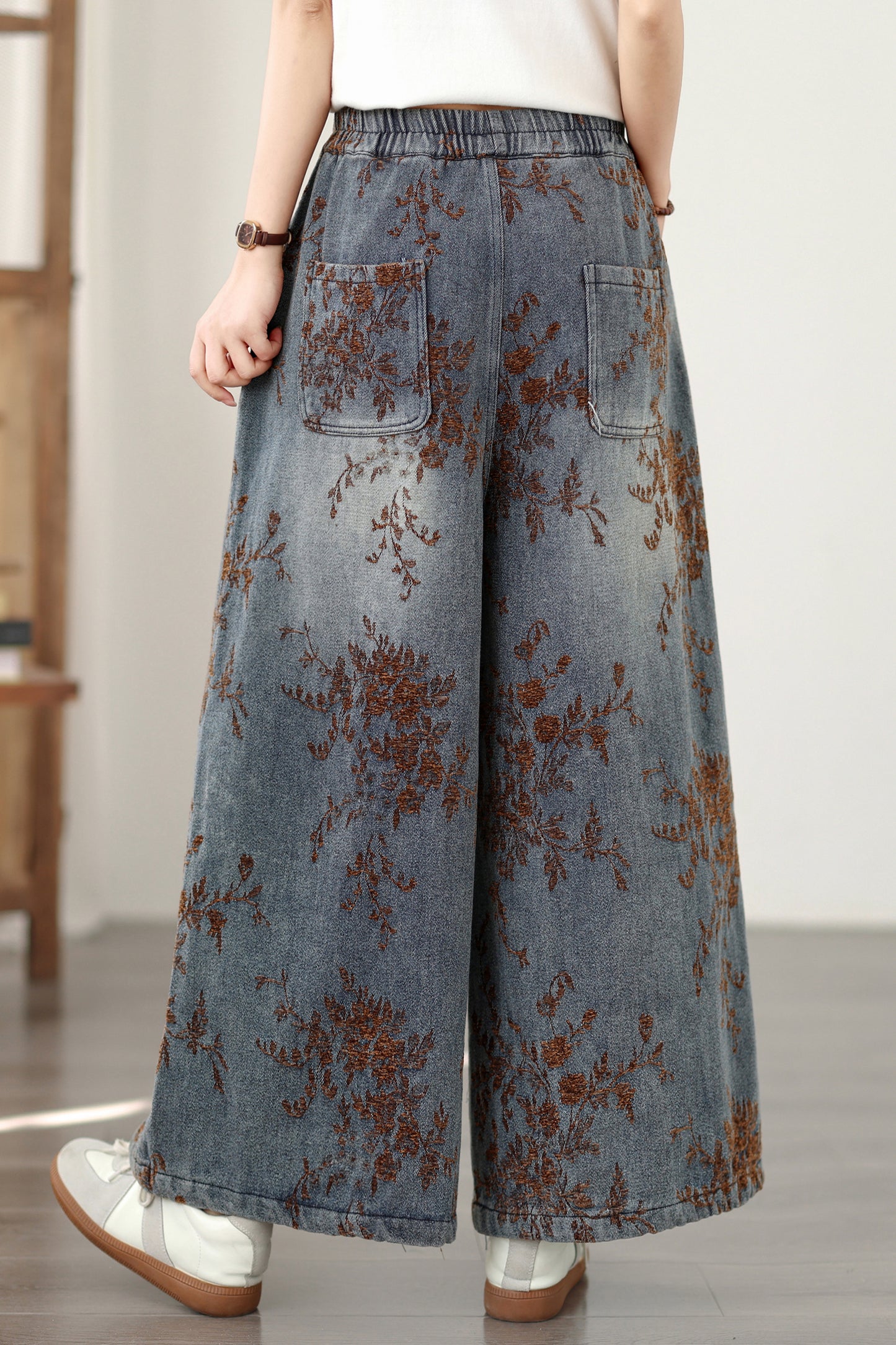 26-Women's Denim Wide Leg Baggy Elastic Waist  Jeans - LAI MENG FIVE CATS