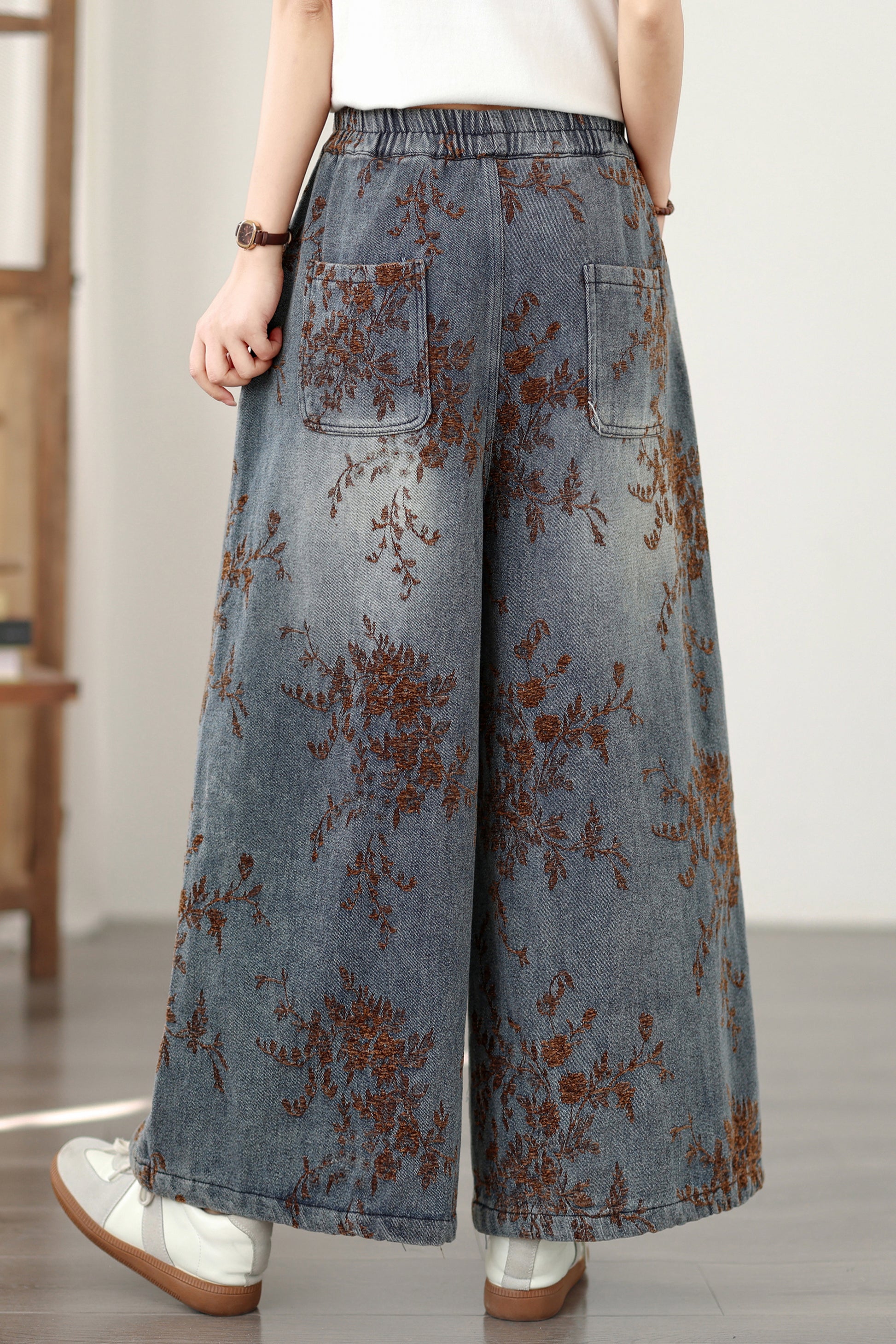 26-Women's Denim Wide Leg Baggy Elastic Waist  Jeans - LAI MENG FIVE CATS