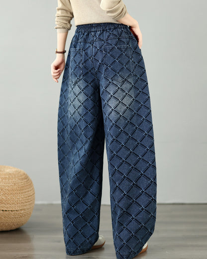 28674-Vintage Plaid Denim Wide Leg Pants with Drawstring Waist