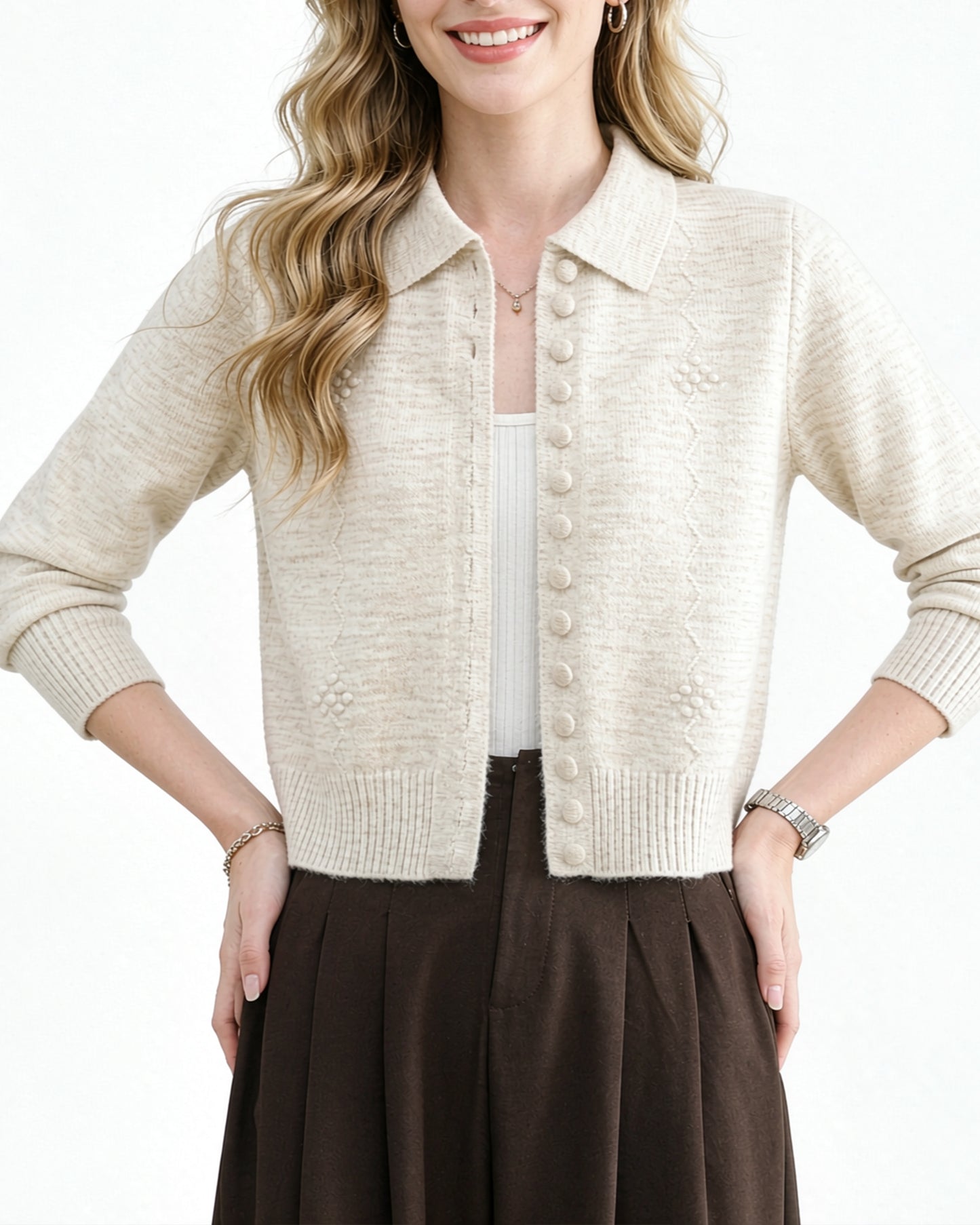 Textured Knit Zip-Up Cardigan Polo Collar Cropped Outerwear