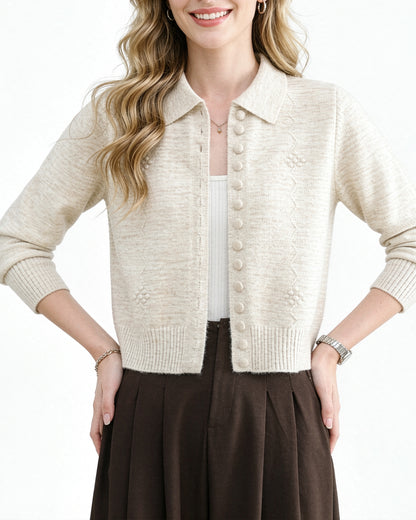 Textured Knit Zip-Up Cardigan Polo Collar Cropped Outerwear
