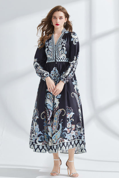 Women's Floral Print Deep V Button Front slit Flowy Party Maxi Dress