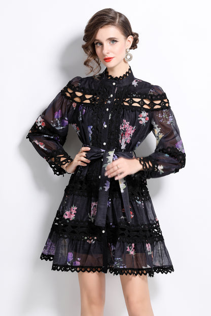 Women's Lace Puff Sleeves Floral Print Mini Dress