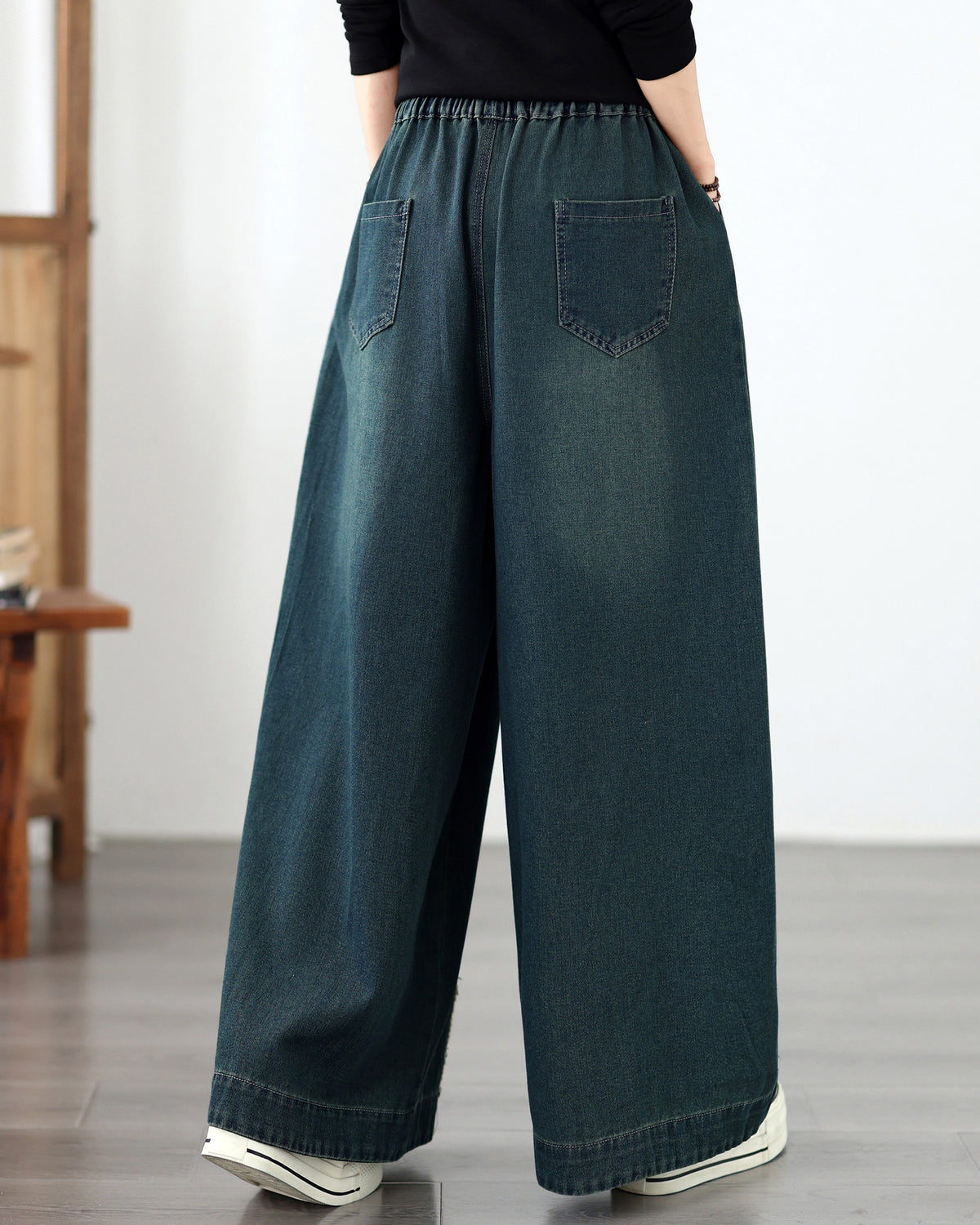 Vintage Denim Wide Leg Pants - Elastic Waist Drawstring & Distressed Seam Details