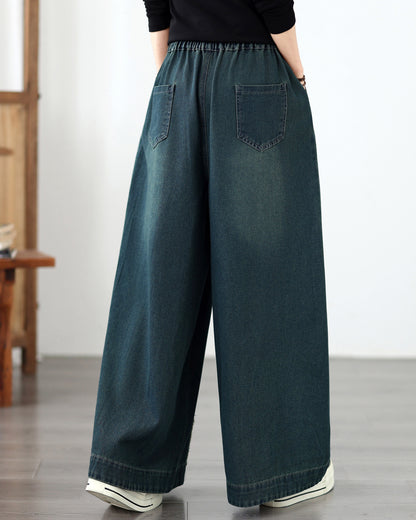 Vintage Denim Wide Leg Pants - Elastic Waist Drawstring & Distressed Seam Details