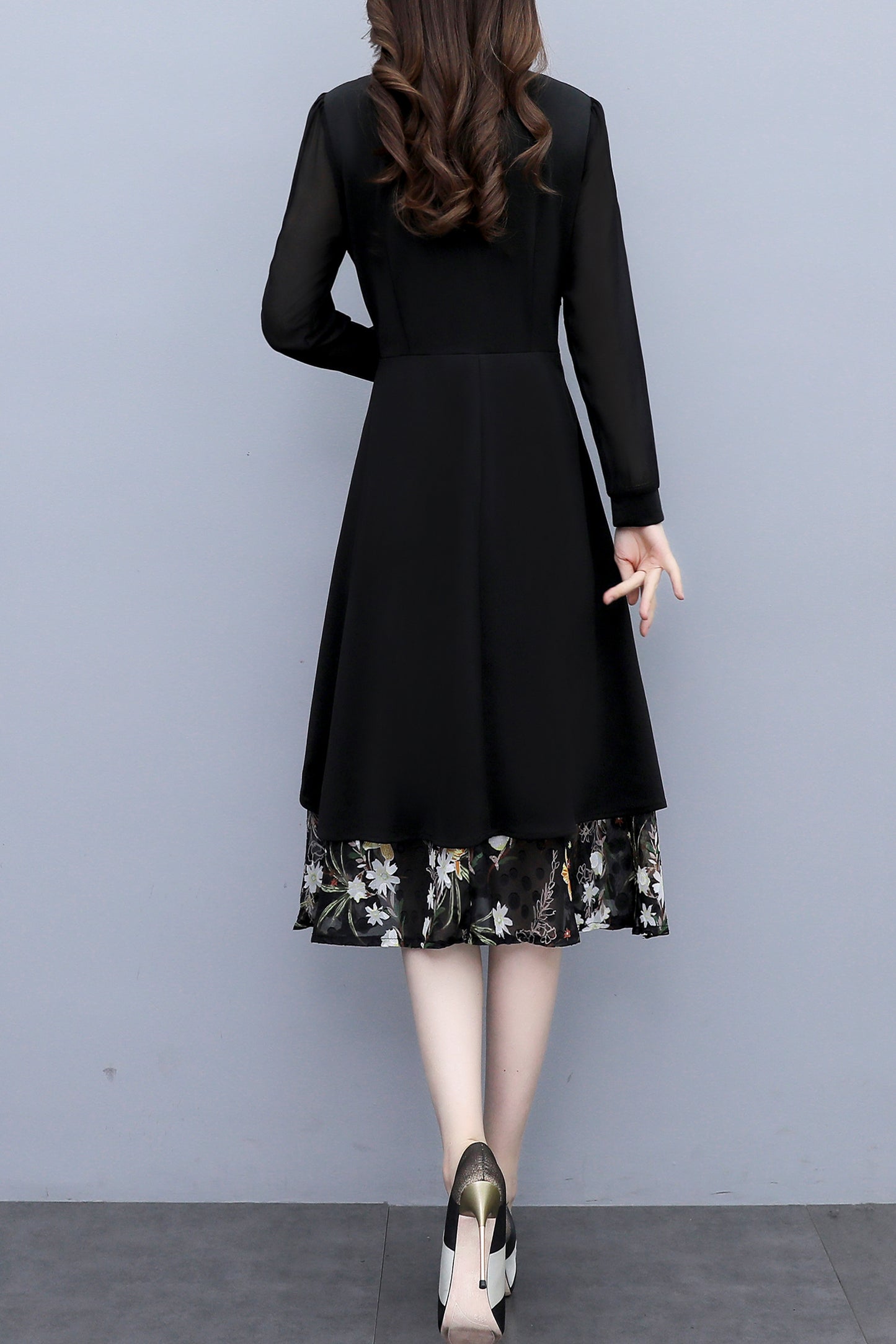 Women's V-Neck Long Sleeve Patchwork Black Dress