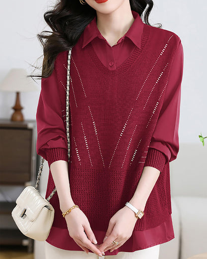 Women's 2-in-1 Layered Knit Vest Top — Shirt Collar with Dotted Trim