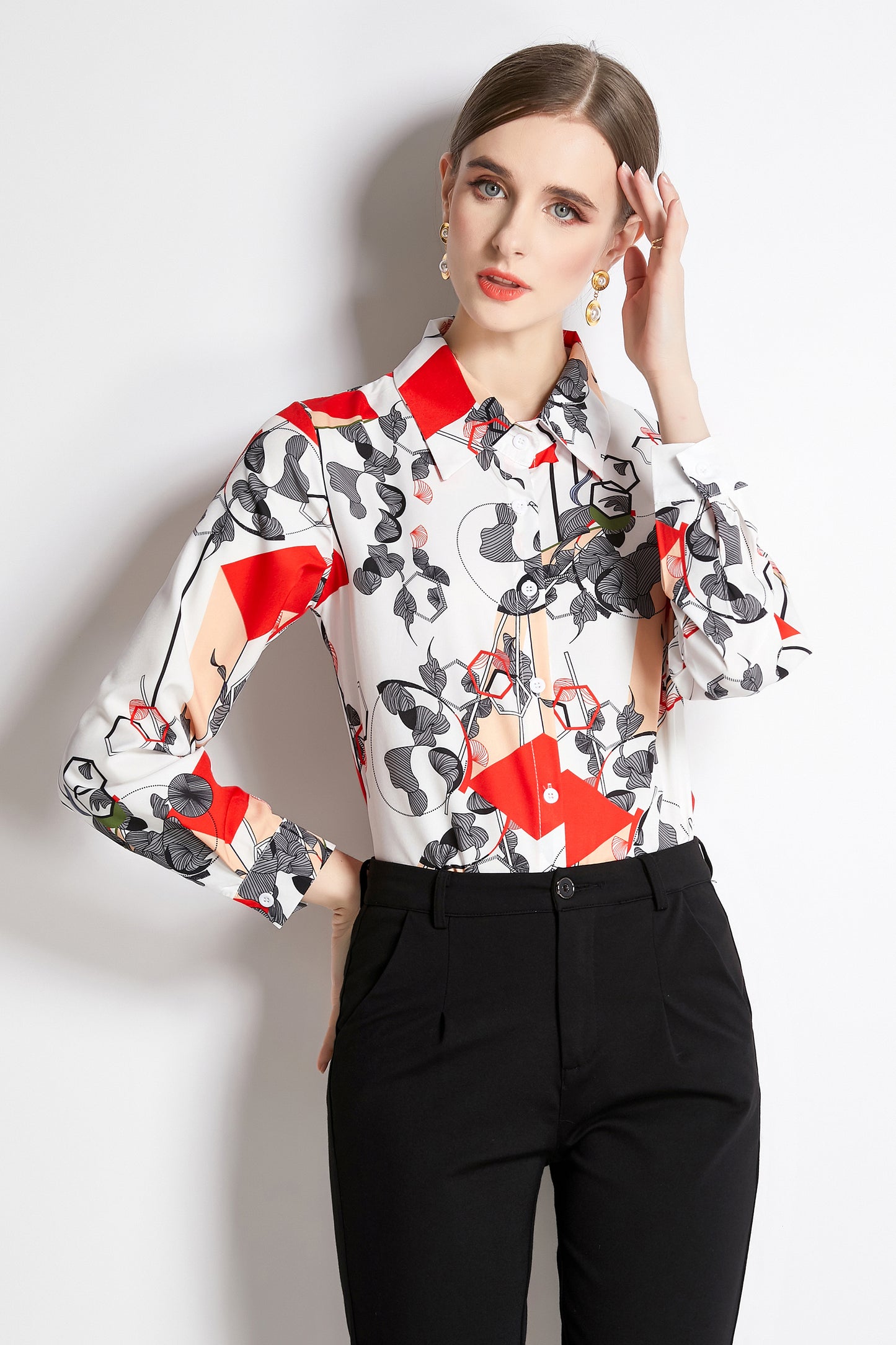 ESY-Women's Shirt Floral Print Long Sleeve Button Blouse