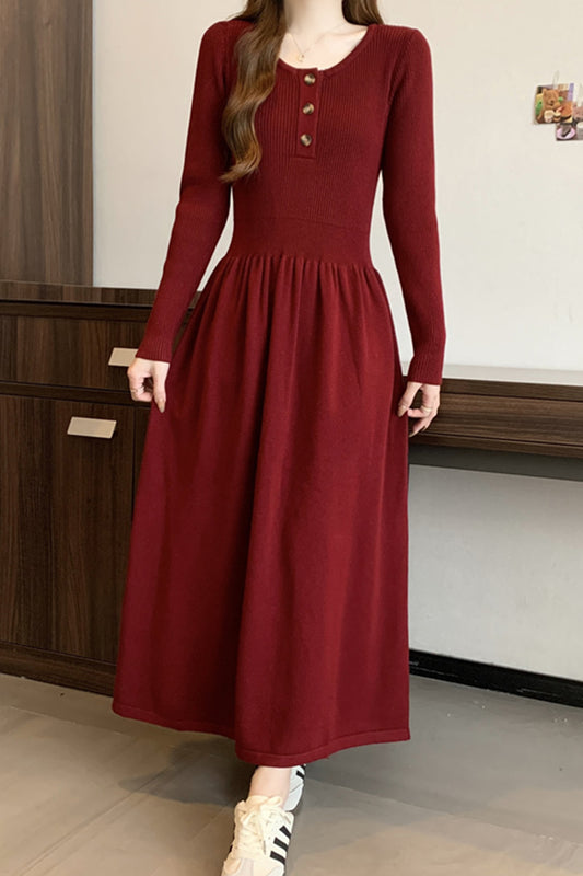 Women's Long Sleeve Button A Line Ribbed Knit Maxi Dress