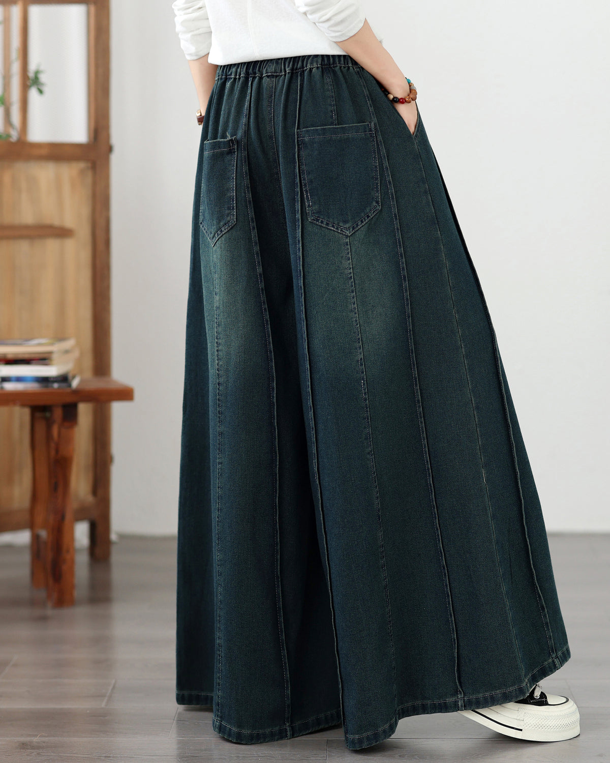 Women's Denim Wide Leg Pants - Drawstring Waist & Vertical Panel Details
