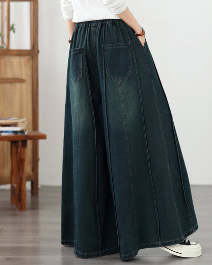 Women's Denim Wide Leg Pants - Drawstring Waist & Vertical Panel Details