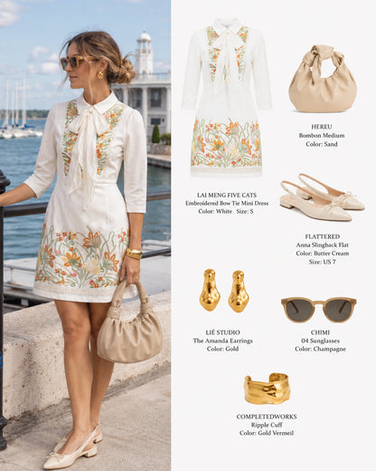 Embroidered Bow-Tie Mini Dress – White Floral