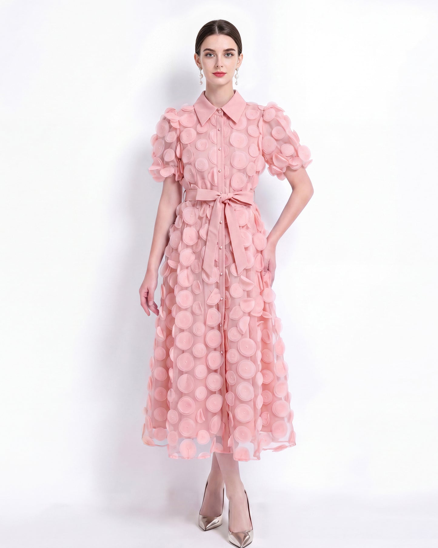 LAI MENG FIVE CATS Pink 3D Floral Midi Dress