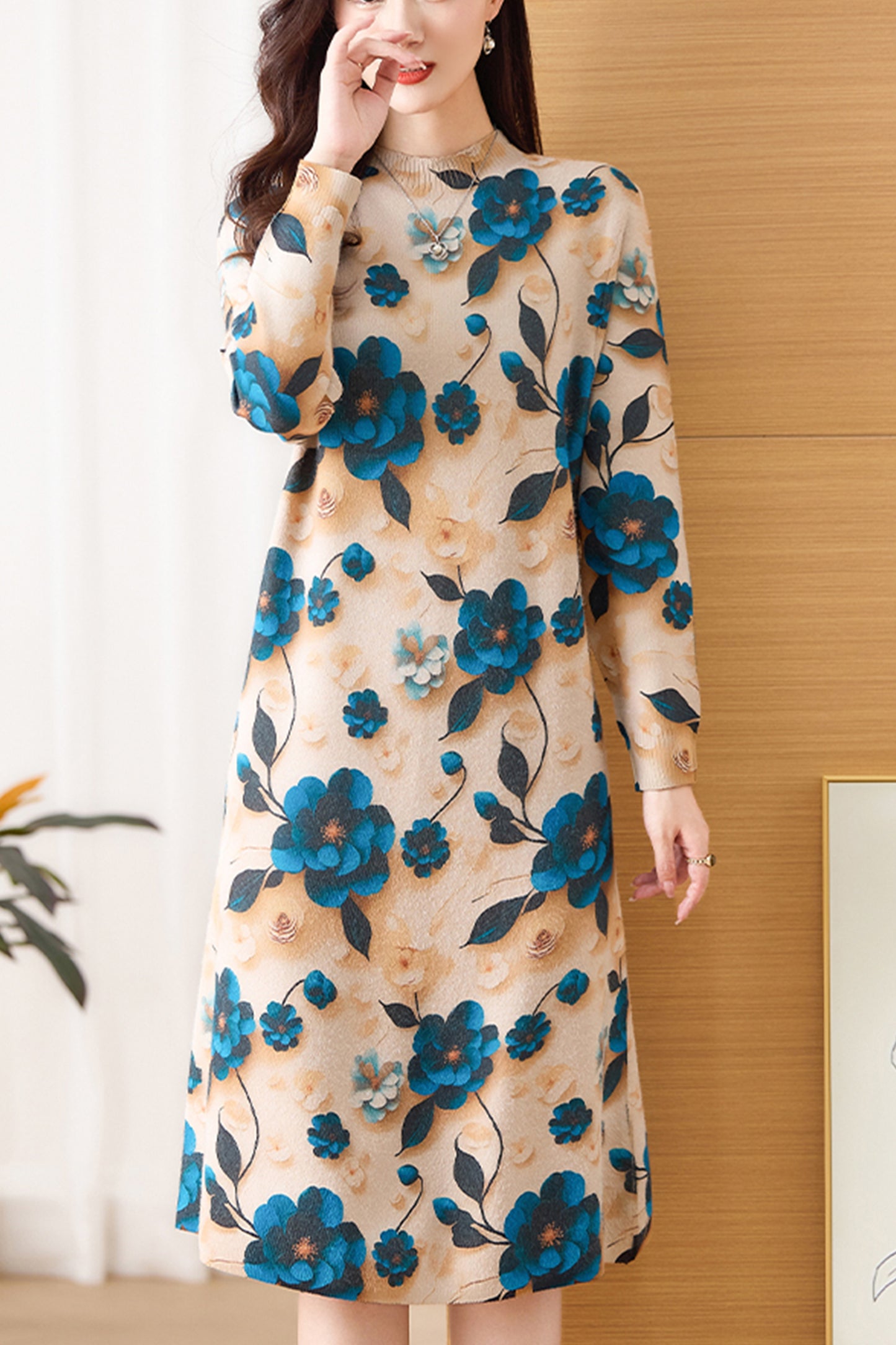 Women's Fall Long Sleeve Knitted Sweater Midi Dress