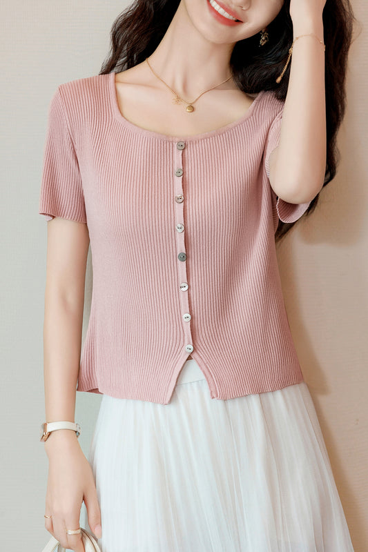 Women's Scoop Neck Solid Color Ribbed Knit Tops