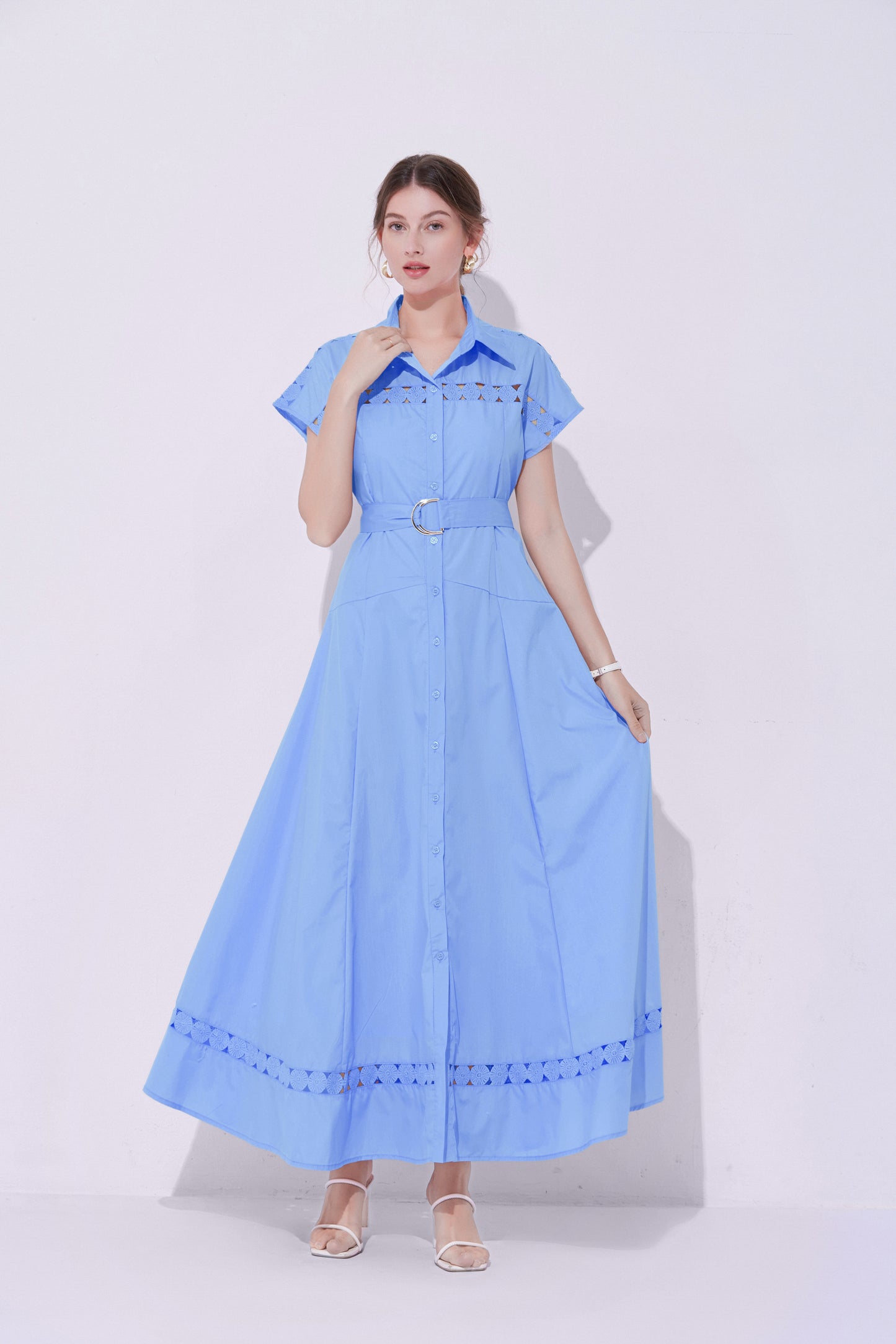 Women's Collar Hollow Cap Sleeve  Maxi Dress