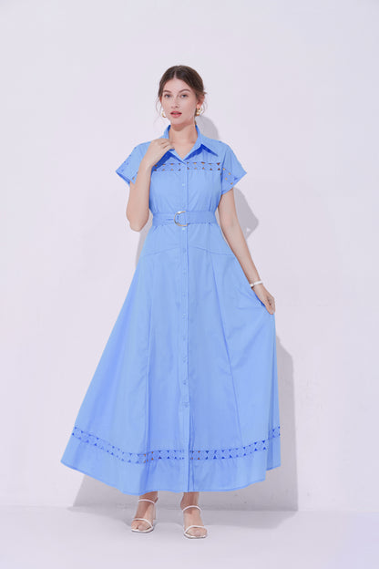 Women's Collar Hollow Cap Sleeve  Maxi Dress