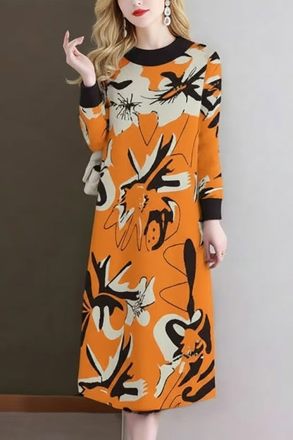 Women's Turtleneck Print Pullover Sweater Midi Dress