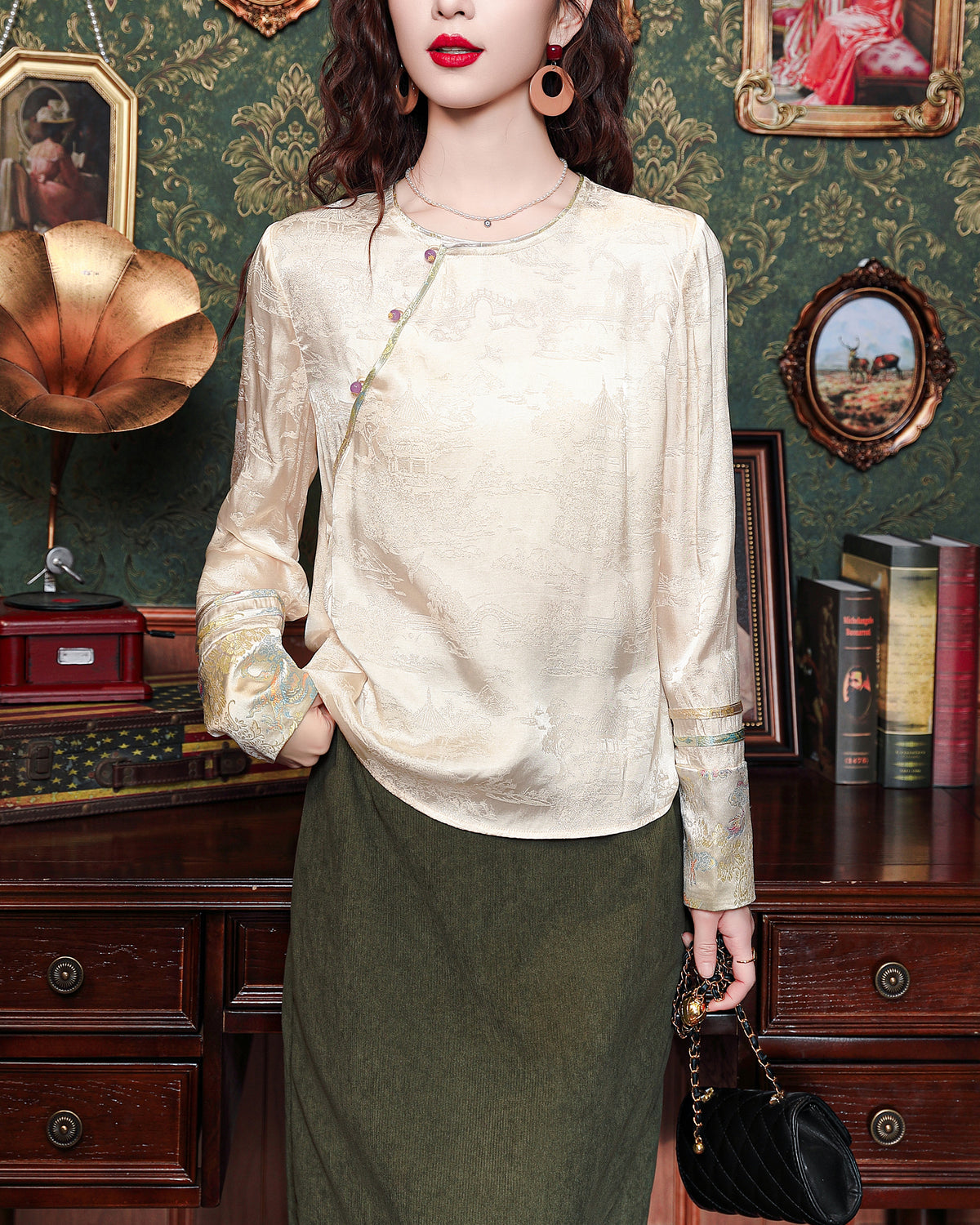 Vintage New Chinese Round Neck Satin Blouse with Bias Button & Print Cuffs