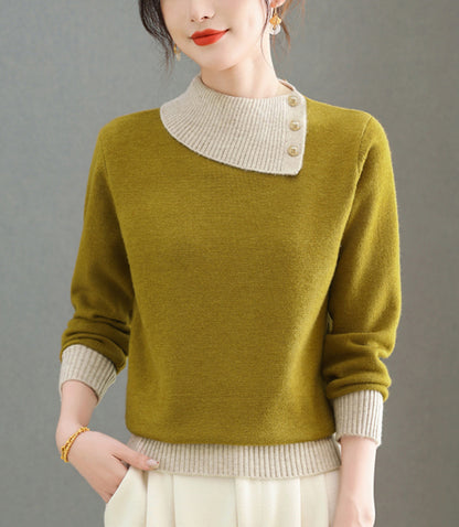 Chic Color-Block Knit Sweater – Asymmetric Neck Pullover Tops