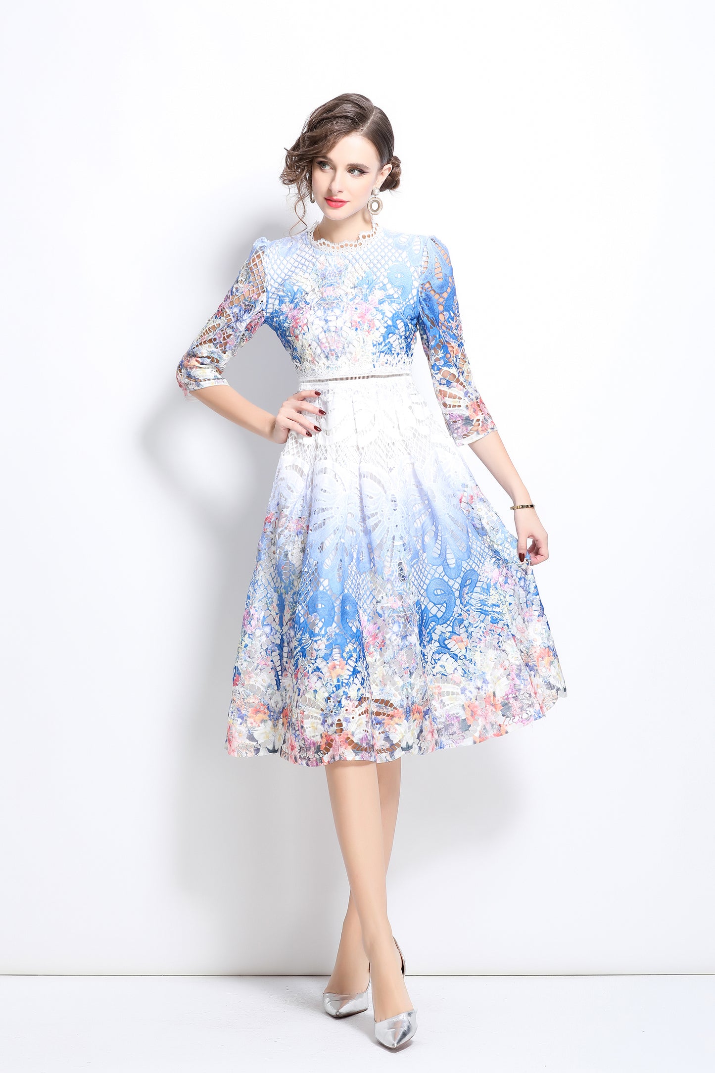 Women's Floral Lace Cocktail Party Swing Midi Dress