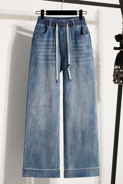 26-Women's Jeans Elastic Waist Baggy Wide Leg Denim