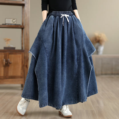 Women Loose Denim Skirt Pants Baggy Elastic Waist Casual Wide Leg Jeans