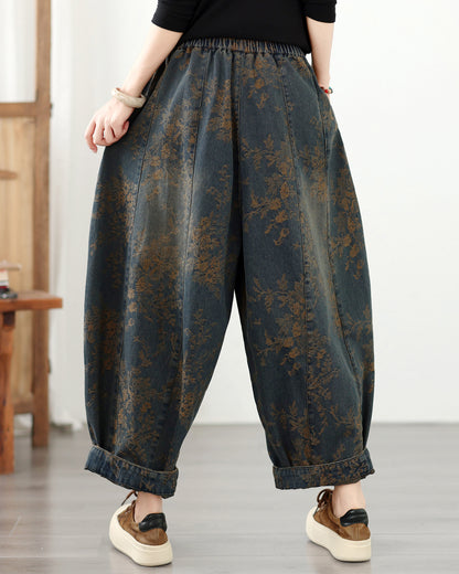 Women's Loose Floral Denim Jeans Elastic Waist Boho Lantern Pants