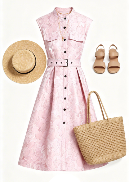 Pink Jacquard Midi Dress with Belt - LAI MENG FIVE CATS
